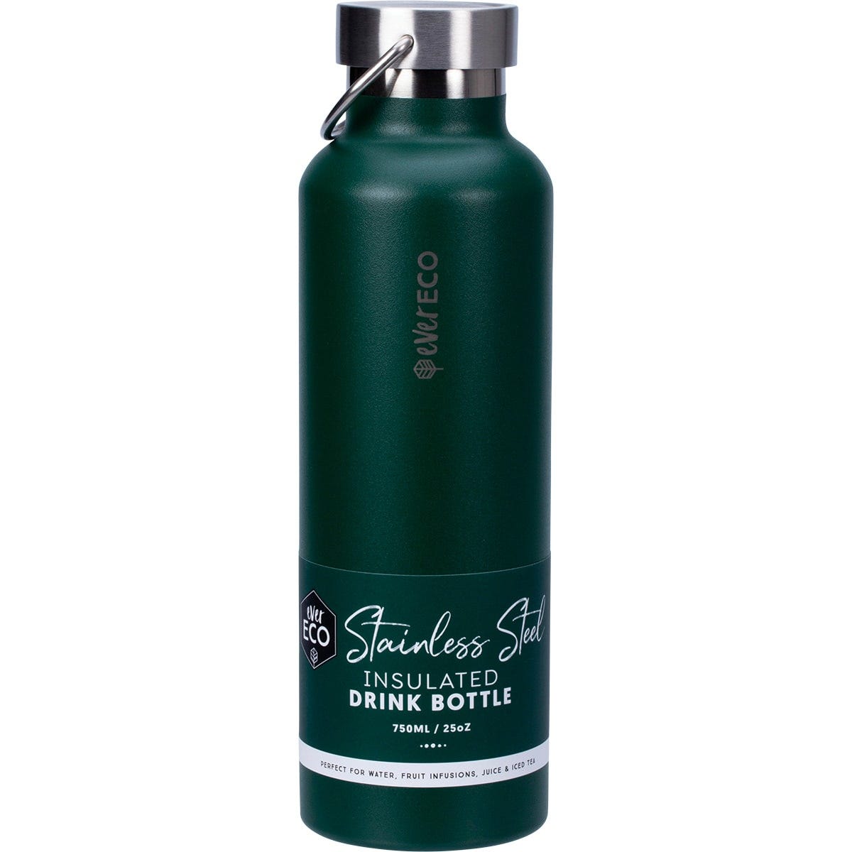 750ml Forest green Ever Eco insulated stainless steel bottle with a matte finish, silver lid, and carry handle.