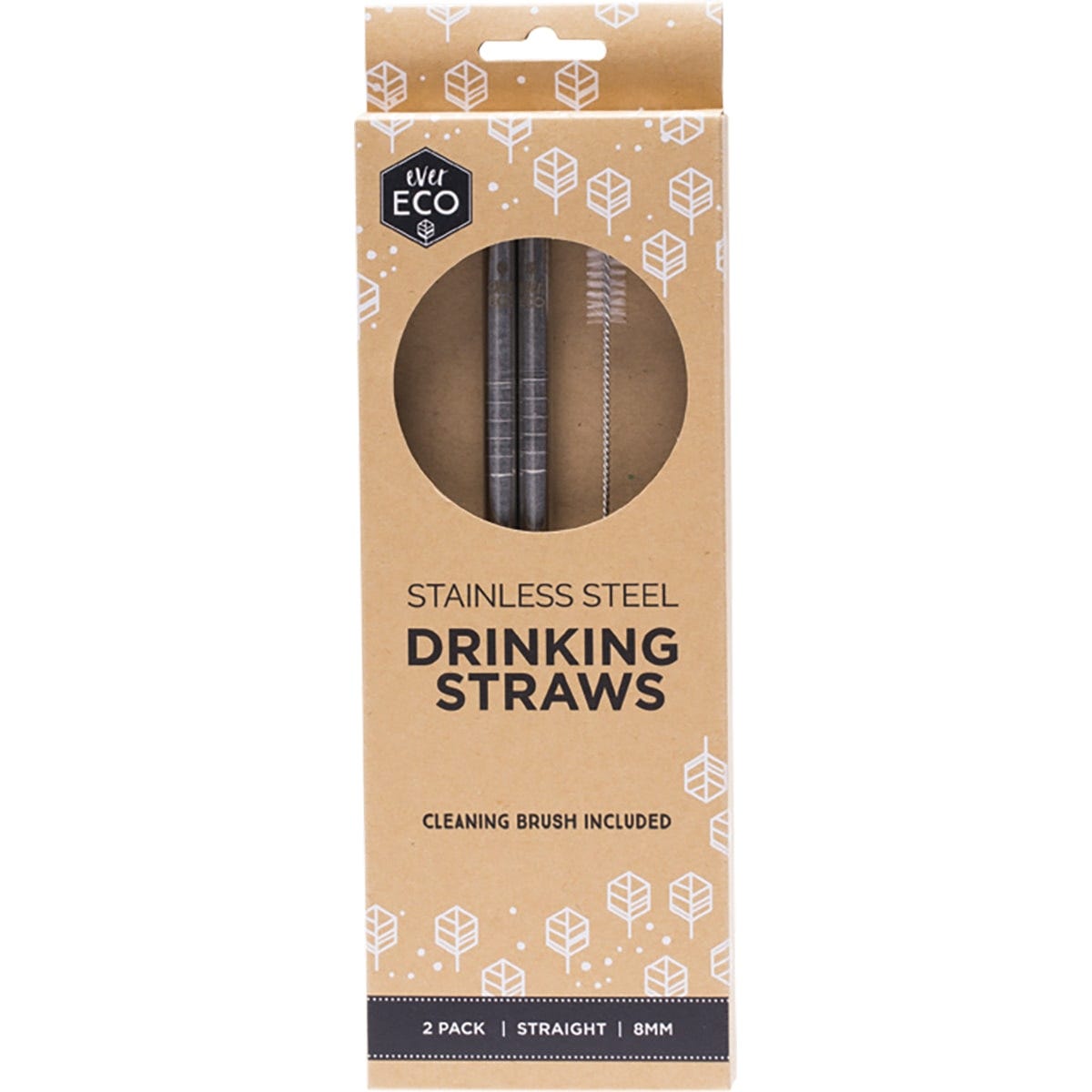 Two straight stainless steel straws and a cleaning brush on a white background with eco-friendly packaging.