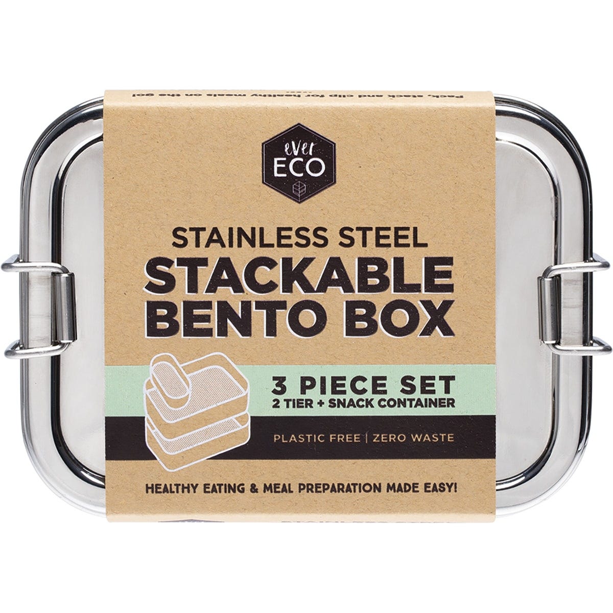 Ever Eco stainless steel stackable 2-tier bento box with a mini snack container and side clips.