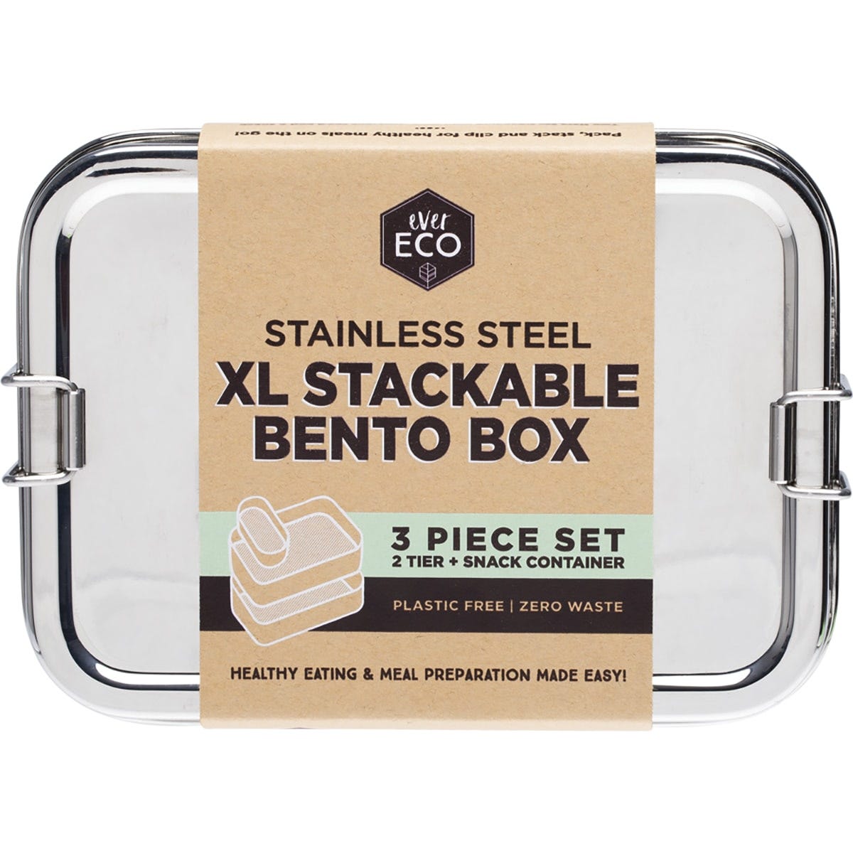 Two-tier stainless steel XL bento box with a mini snack container and side clips on a white background.