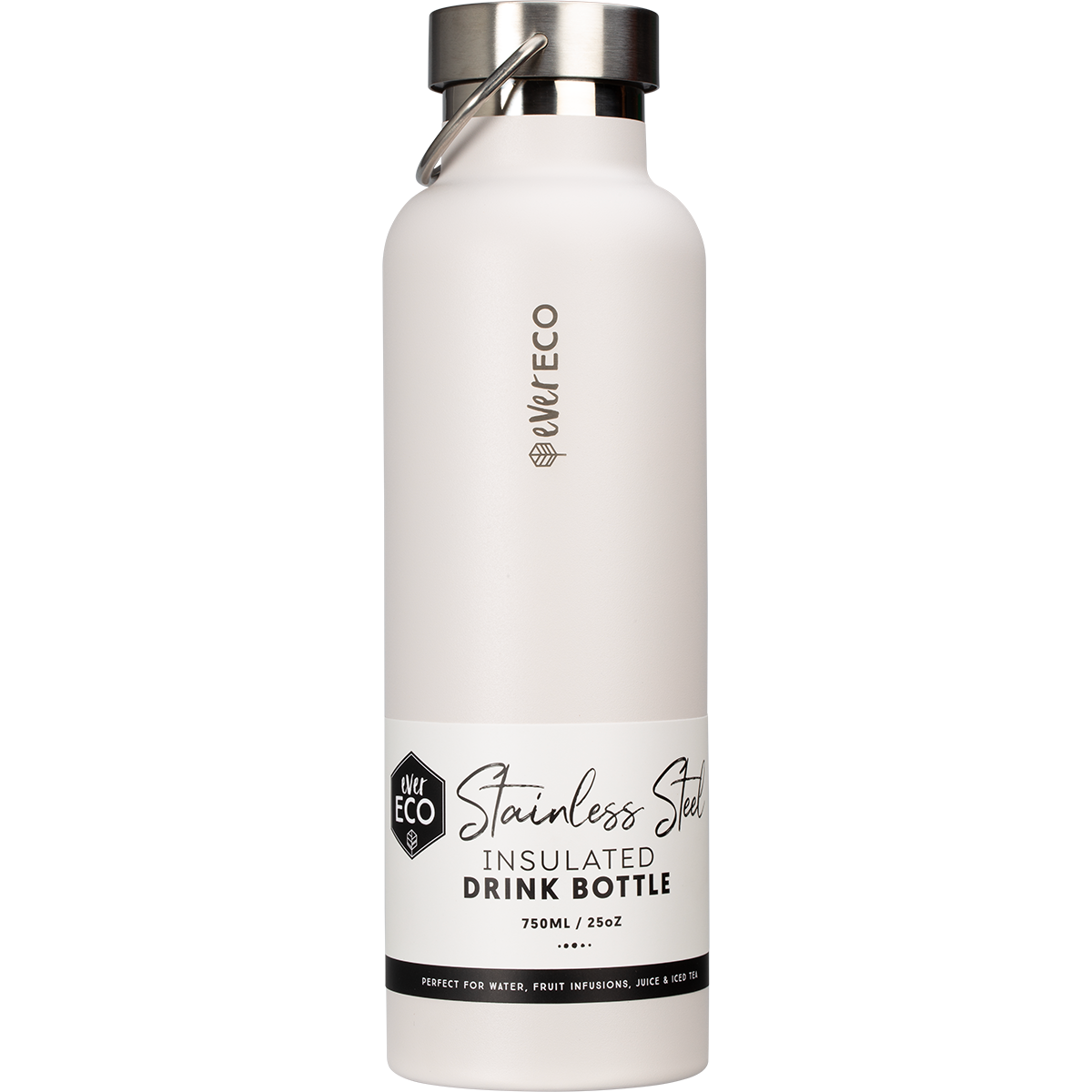 750ml Ever Eco insulated stainless steel bottle in Oat with a matte finish and silver lid with carry handle.