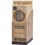 Two straight Ever Eco stainless steel straws and a cleaning brush inside a brown cardboard display box.