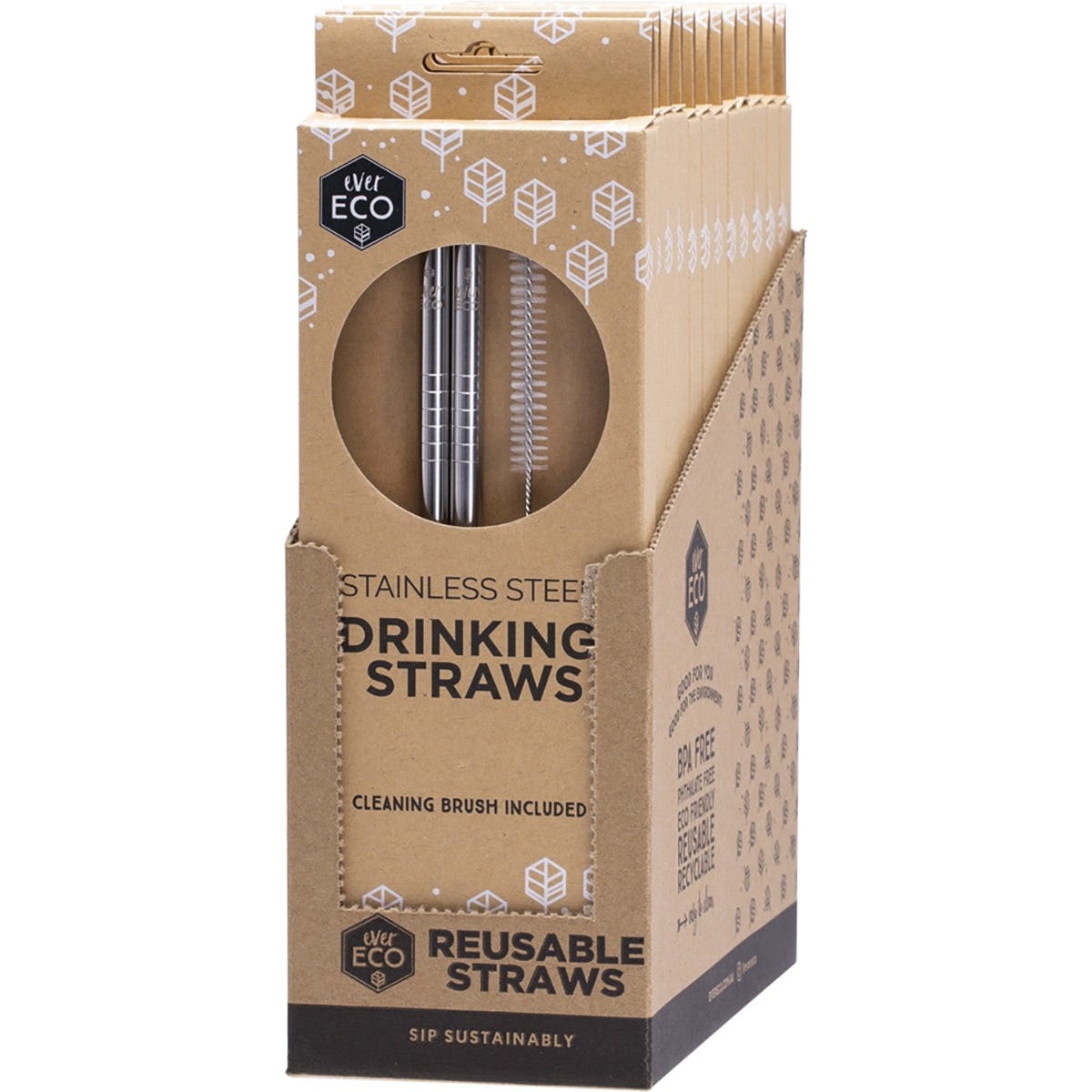 Two straight Ever Eco stainless steel straws and a cleaning brush inside a brown cardboard display box.