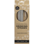 Four straight silver stainless steel straws and a cleaning brush in a white and green Ever Eco cardboard package.