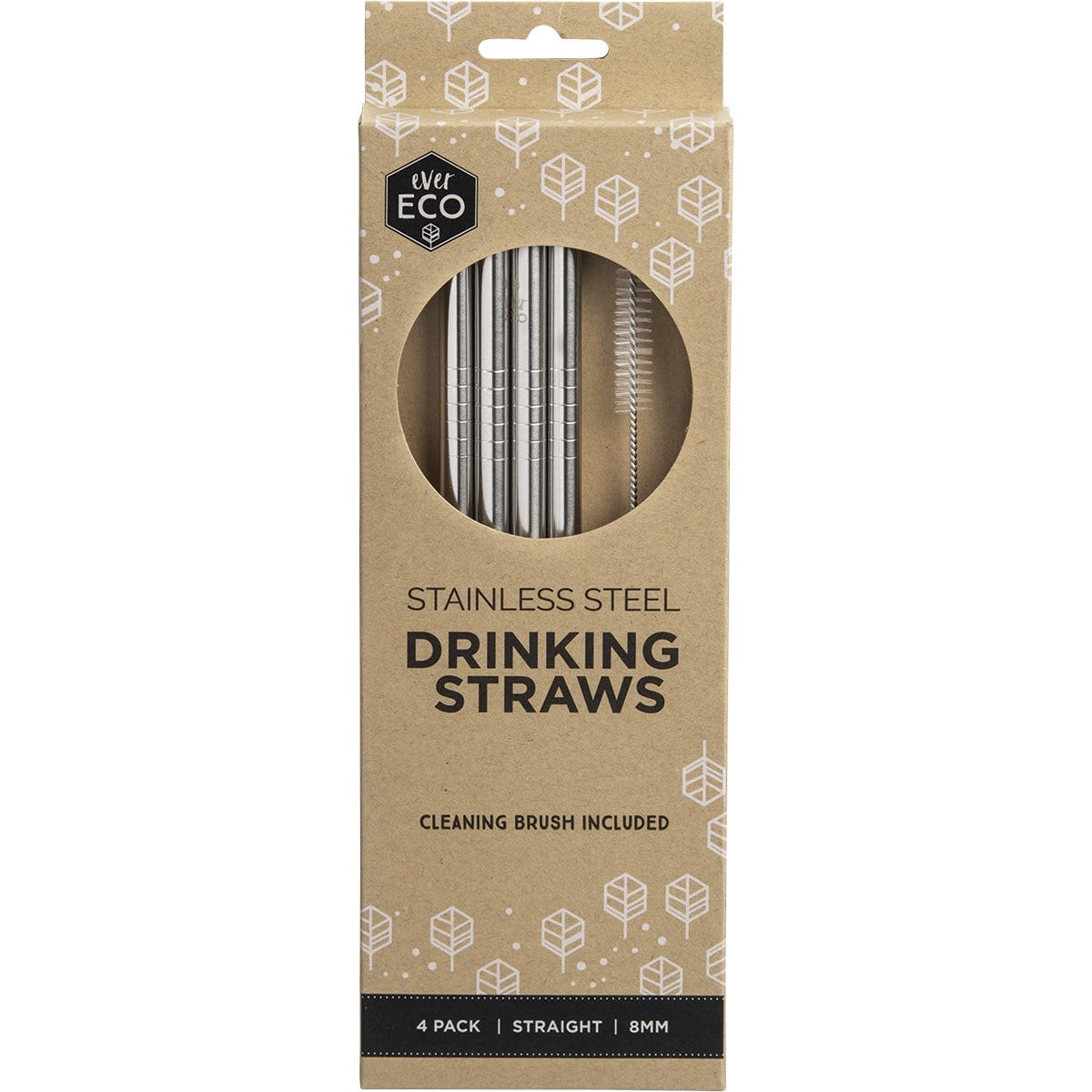 Four straight silver stainless steel straws and a cleaning brush in a white and green Ever Eco cardboard package.