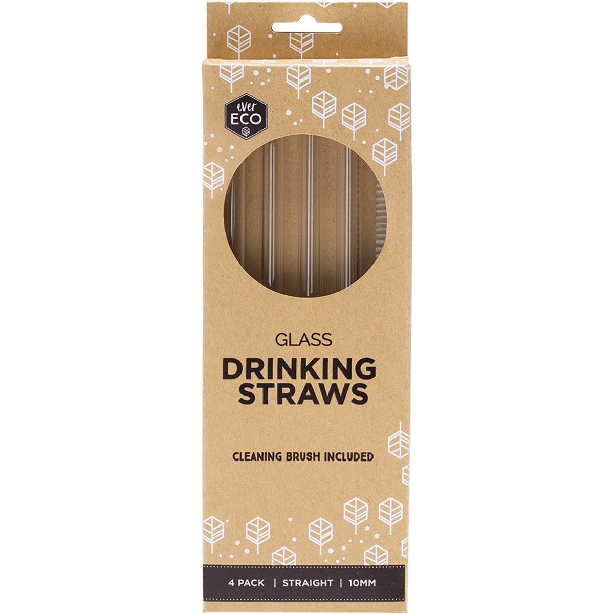 Ever Eco 4-pack of straight borosilicate glass straws and a cleaning brush on a white background.