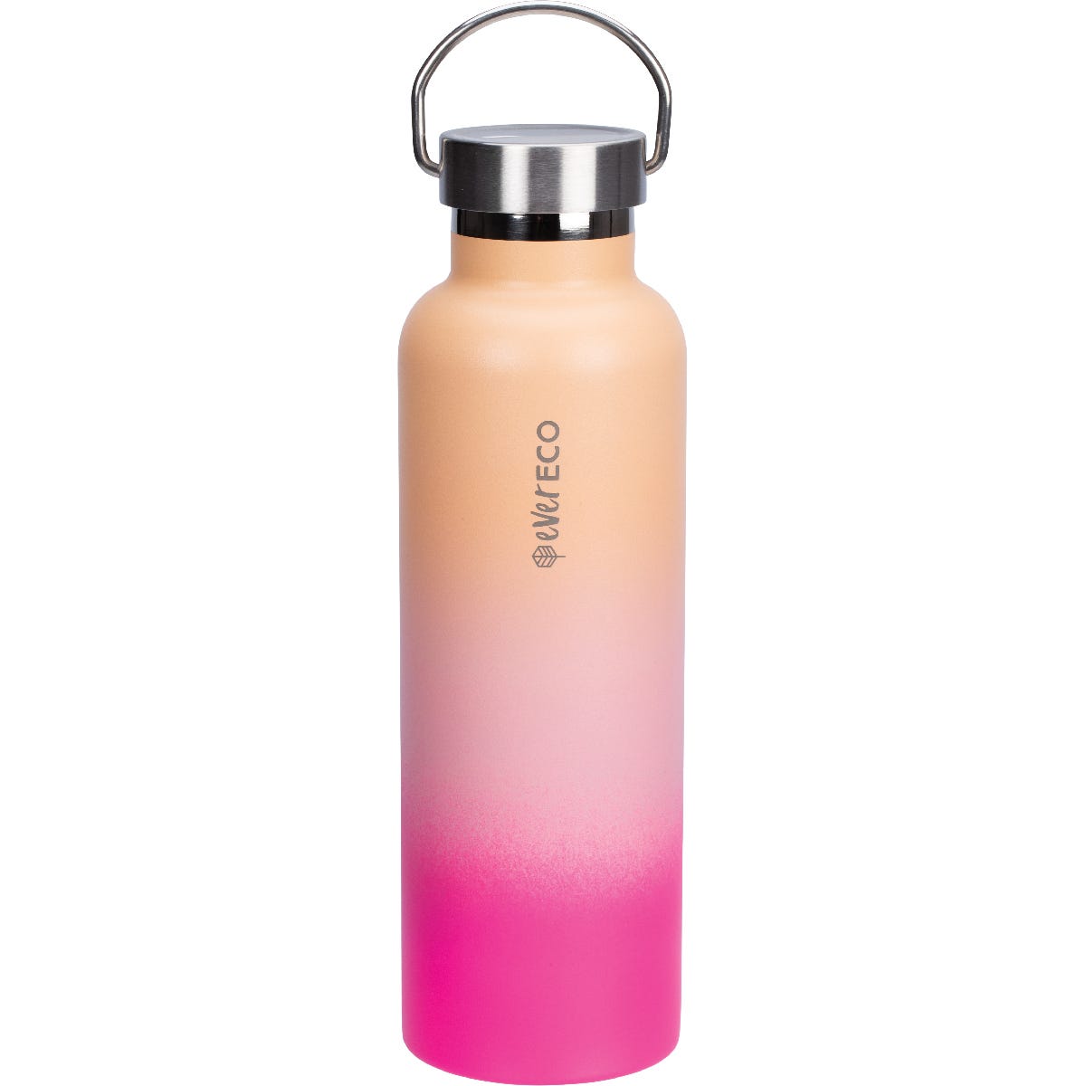 Side view of an Ever Eco 750ml insulated stainless steel bottle in Rise pink ombré with a silver screw-top lid.