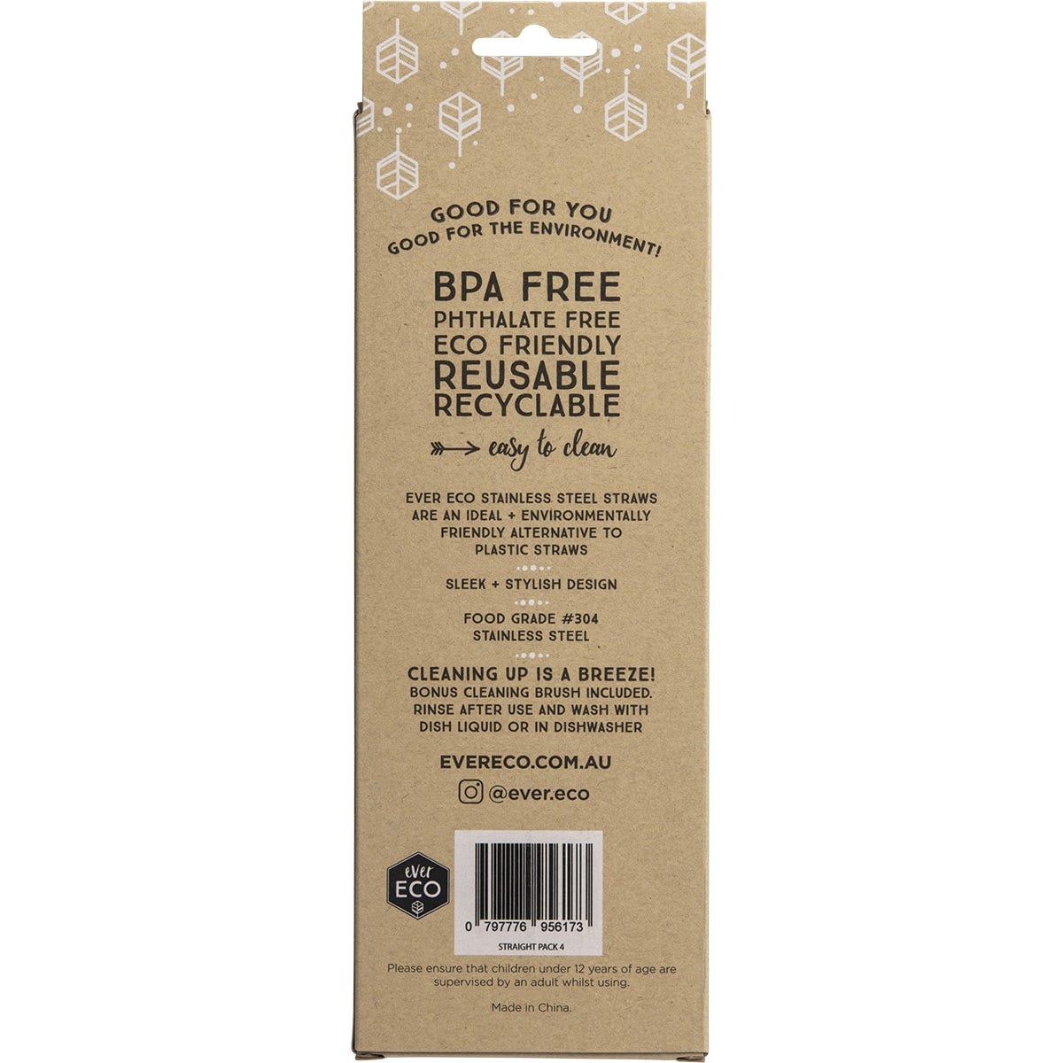Ever Eco Stainless Steel Straws Straight(Cleaning brush included) 4 Pack
