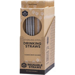 Four straight silver stainless steel straws and a cleaning brush displayed against a white background.
