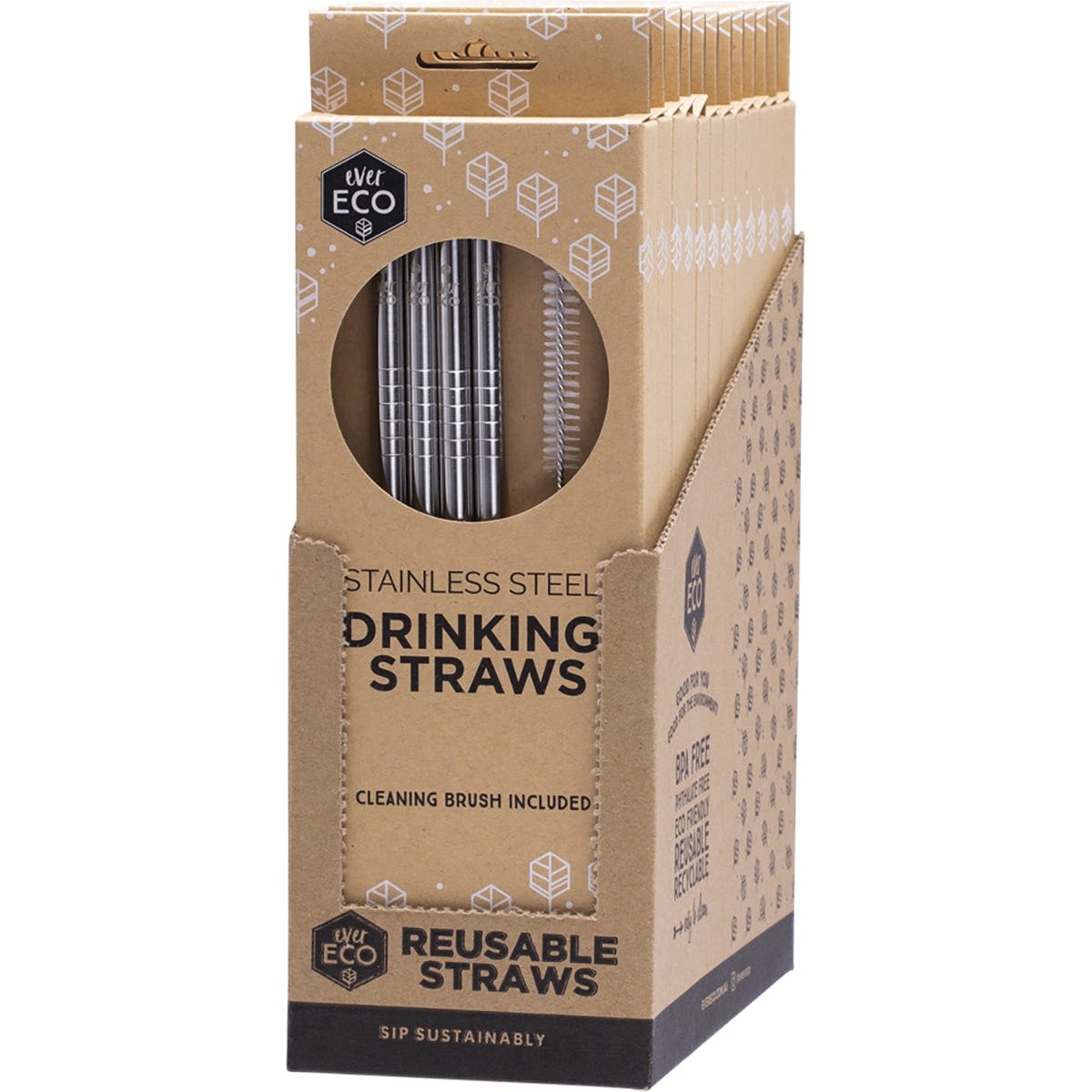 Four straight silver stainless steel straws and a cleaning brush displayed against a white background.