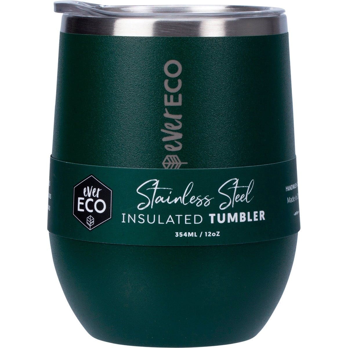 Ever Eco 354ml insulated tumbler in Forest green with a matte finish and clear sliding lid on a white background.