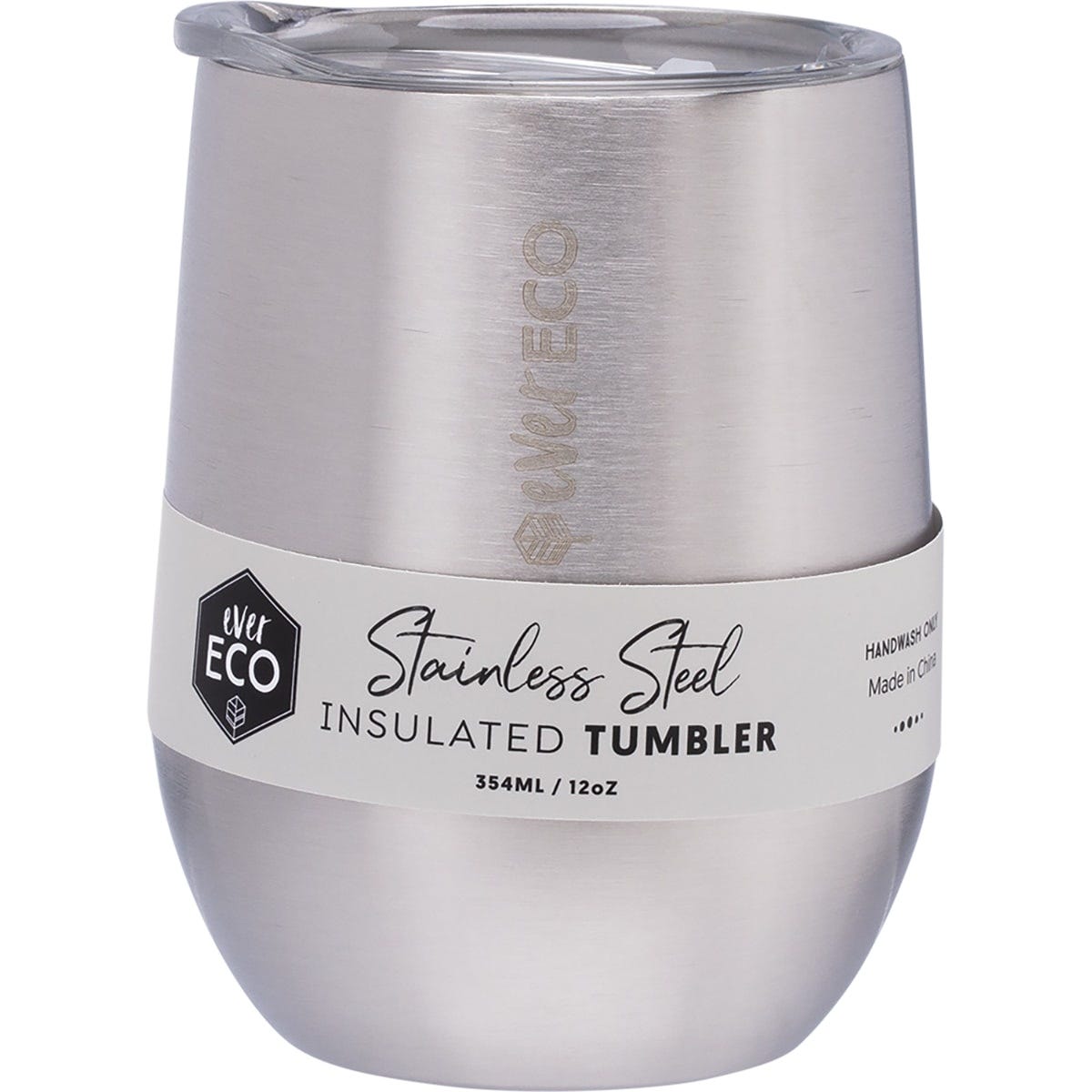 Ever Eco 354ml insulated tumbler in brushed stainless steel with a clear sliding lid and double-walled design.