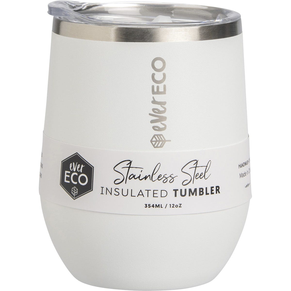 Ever Eco 354ml Cloud white insulated stainless steel tumbler with a matte finish and a clear sliding lid.