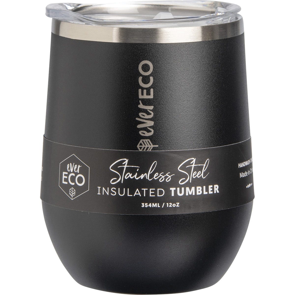 Onyx black 354ml Ever Eco insulated stainless steel tumbler with a clear sliding lid on a white background.