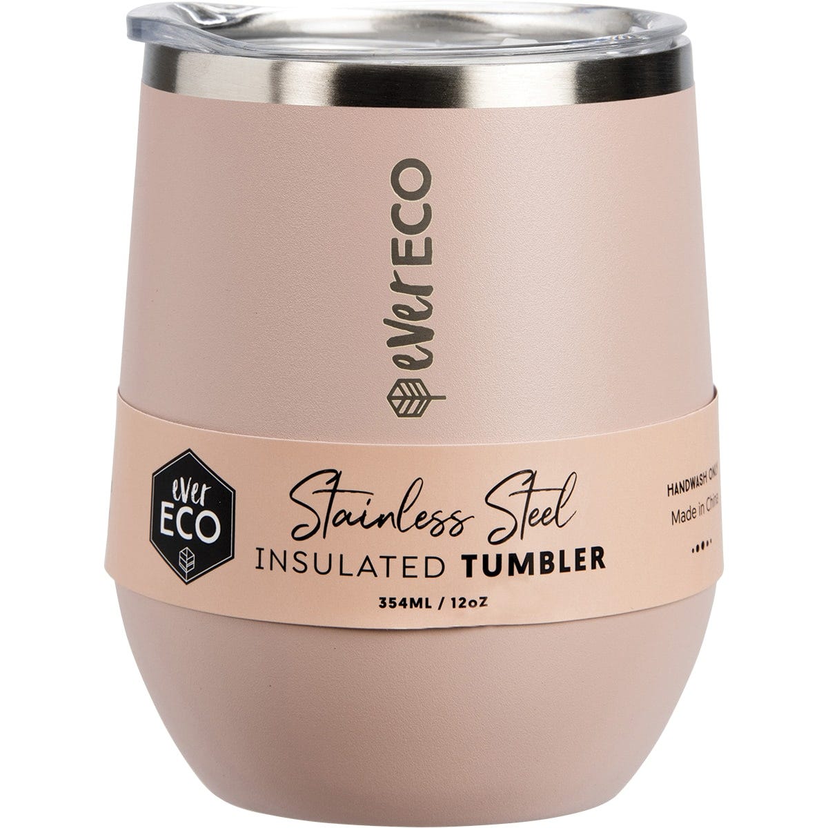 354ml Ever Eco rose pink insulated stainless steel tumbler with a sliding lid on a white background.