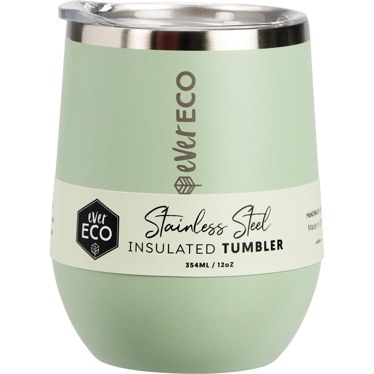 Sage green 354ml Ever Eco insulated tumbler with a matte finish and a clear sliding lid on a white background.