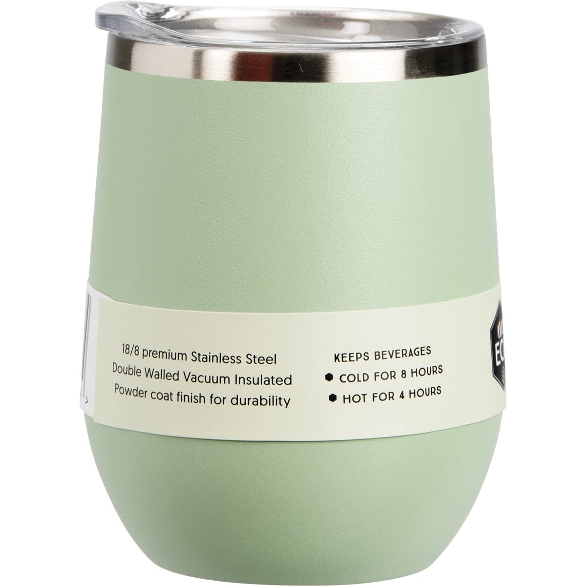 Sage green 354ml Ever Eco insulated tumbler shown from a side angle with a clear sliding lid on a white background.