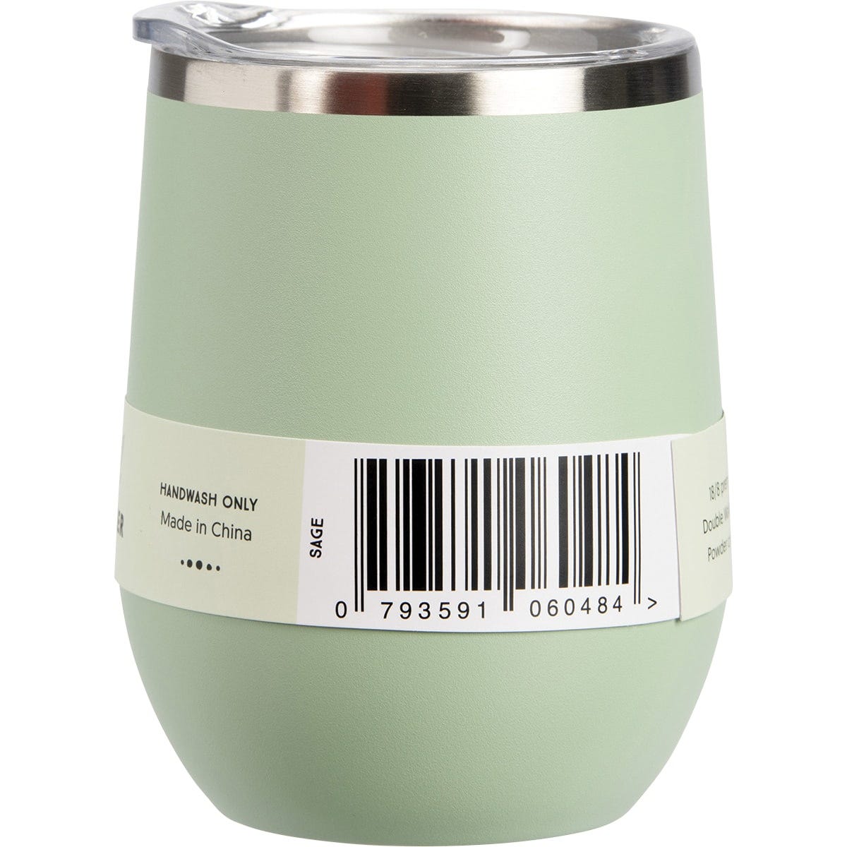 Sage green 354ml Ever Eco insulated tumbler from a right side angle with a clear sliding lid on a white background.