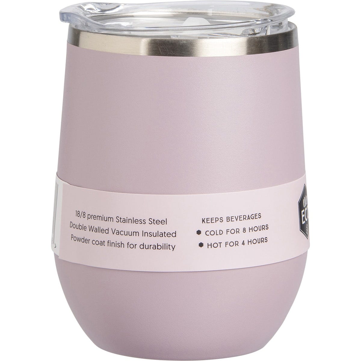 Lilac 354ml Ever Eco insulated tumbler tilted left to show the clear sliding lid and premium matte finish.