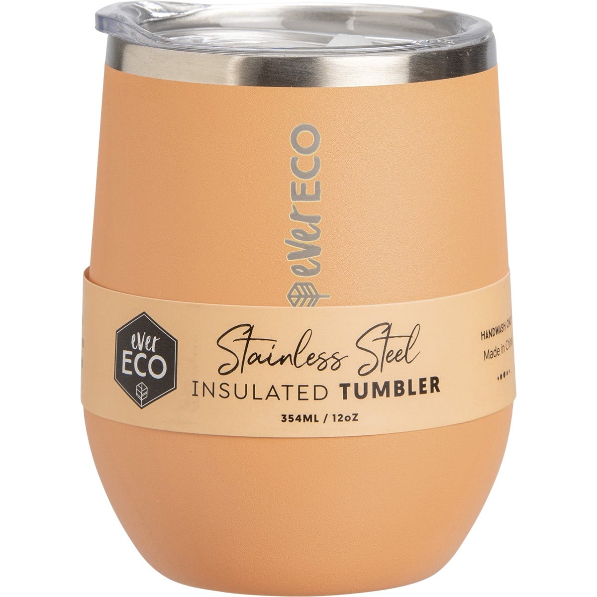 Peach 354ml Ever Eco insulated tumbler with a matte finish, clear sliding lid, and stainless steel rim.