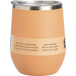 Left-facing view of a peach Ever Eco insulated tumbler with a matte finish, clear lid, and stainless steel rim.