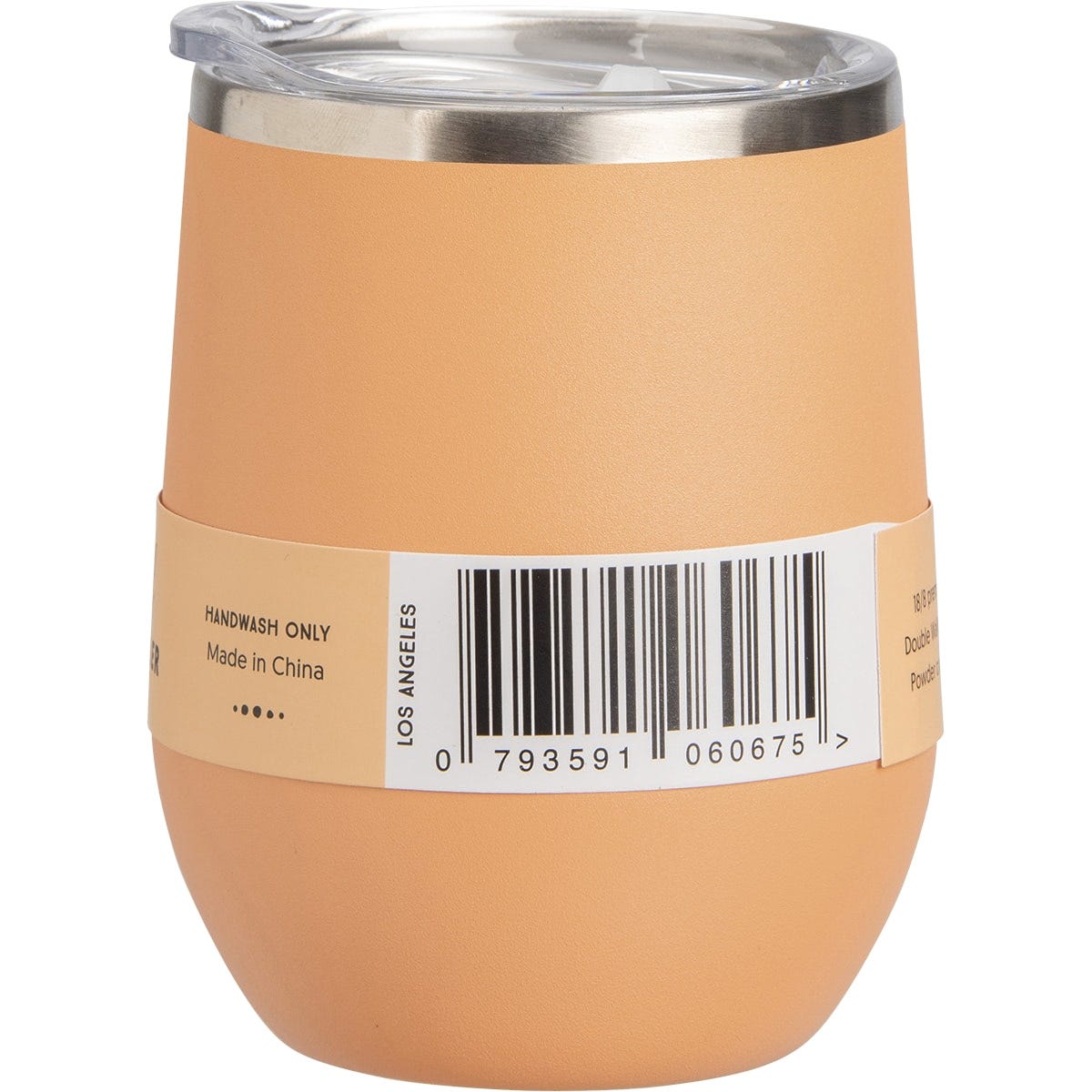 Right-facing view of a peach Ever Eco insulated tumbler with a matte finish, clear lid, and stainless steel rim.