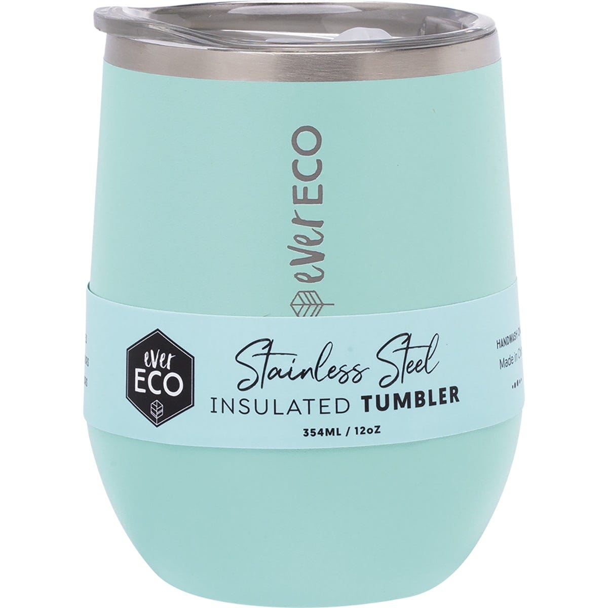 Ever Eco 354ml insulated tumbler in Positano Blue with a matte finish and a clear sliding lid.