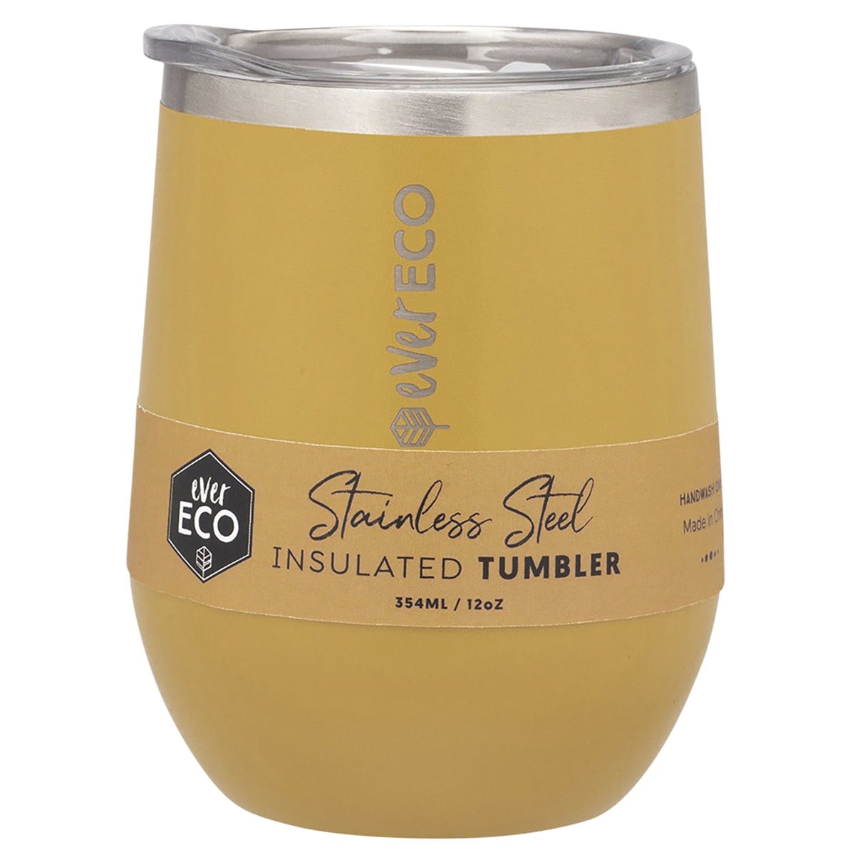 Marigold yellow 354ml Ever Eco insulated stainless steel tumbler with a clear sliding lid on a white background.