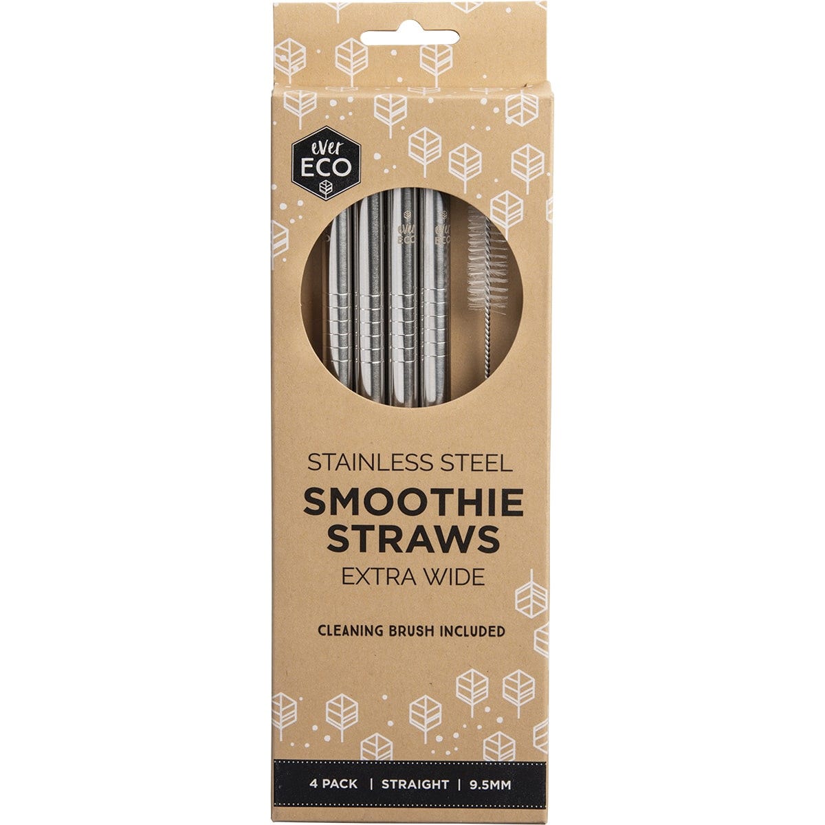 Four straight stainless steel smoothie straws and a cleaning brush from Ever Eco.
