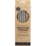 Four straight stainless steel smoothie straws and a cleaning brush from Ever Eco.