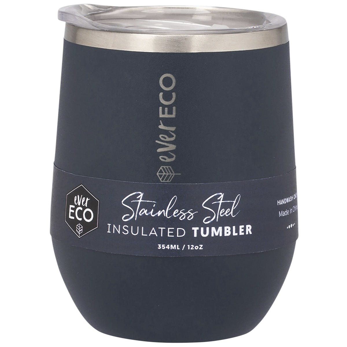 Deep navy 354ml Ever Eco insulated tumbler with a matte finish and clear sliding lid on a white background.