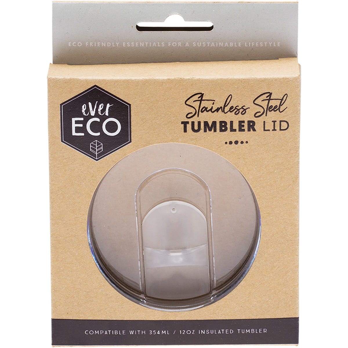 Clear replacement lid for an Ever Eco 354ml insulated tumbler featuring a black sliding closure and silicone seal.