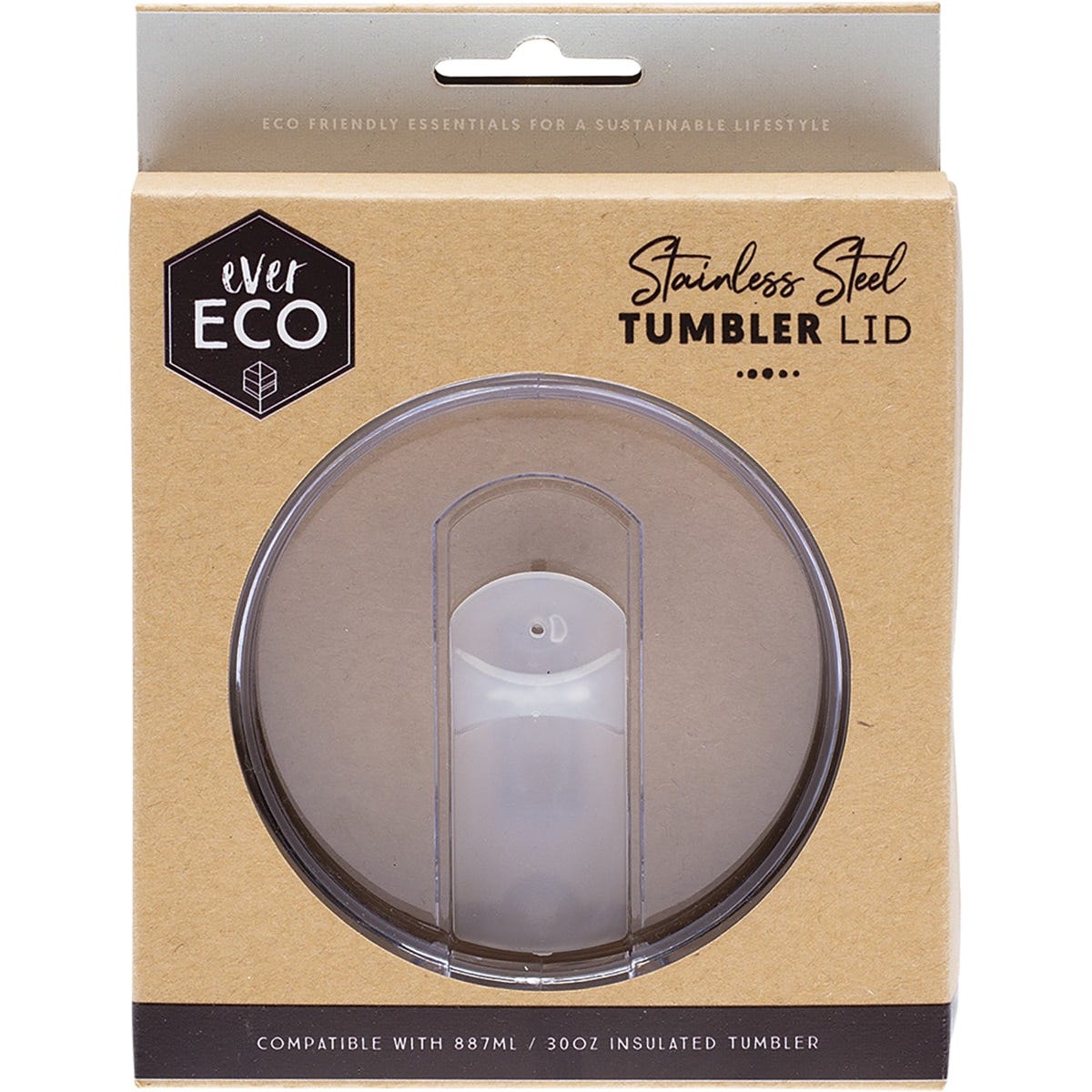 Clear plastic sliding lid with a black silicone seal, designed for an Ever Eco 887ml insulated tumbler.