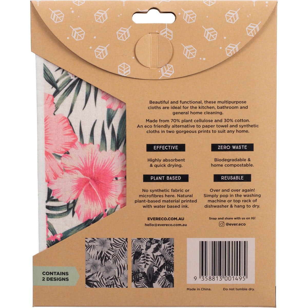Reverse side of Ever Eco Hawaiian Hibiscus sponge cloths packaging showing product features and care instructions.