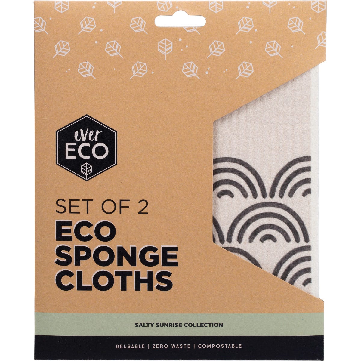 Two pack of Ever Eco sponge cloths featuring a "Salty Sunrise" design with orange sun and wave patterns on a white base.