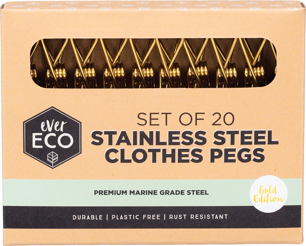 20-pack of gold premium marine grade stainless steel clothes pegs by Ever Eco on a white background.