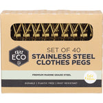 Gold 40-pack of Ever Eco premium marine grade stainless steel clothes pegs in a white and gold branded box.