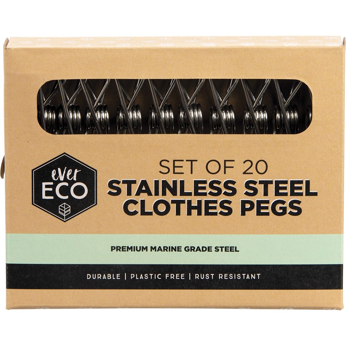 20-pack of Ever Eco marine grade stainless steel clothes pegs in a brown cardboard box on a white background.