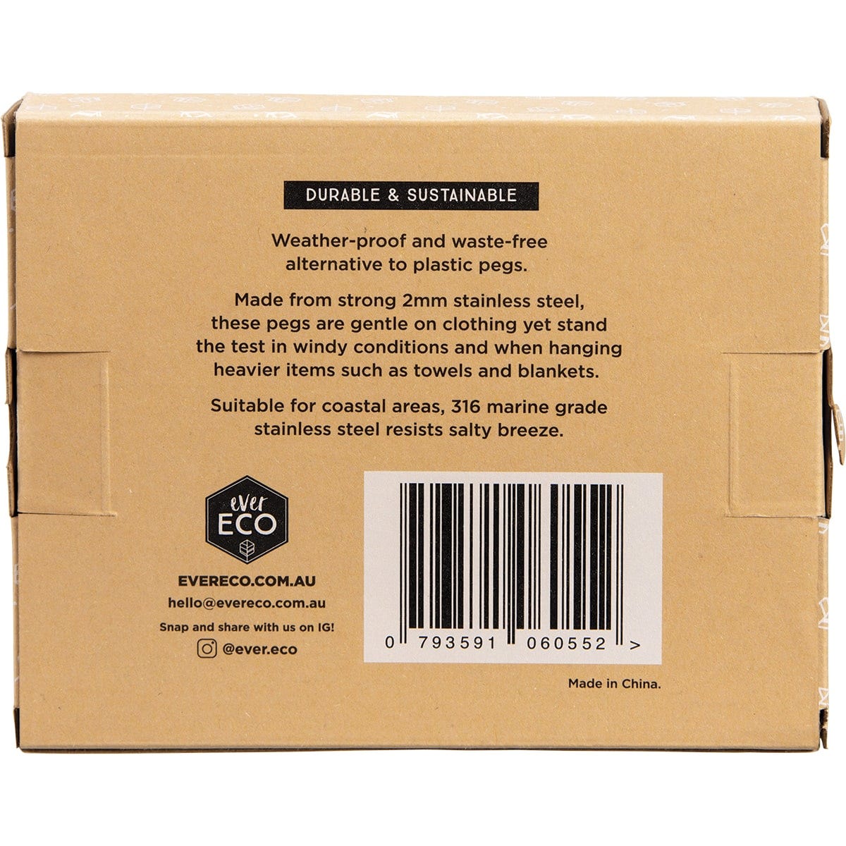 Back of the Ever Eco 20-pack clothes pegs box showing product details and a barcode on a white background.