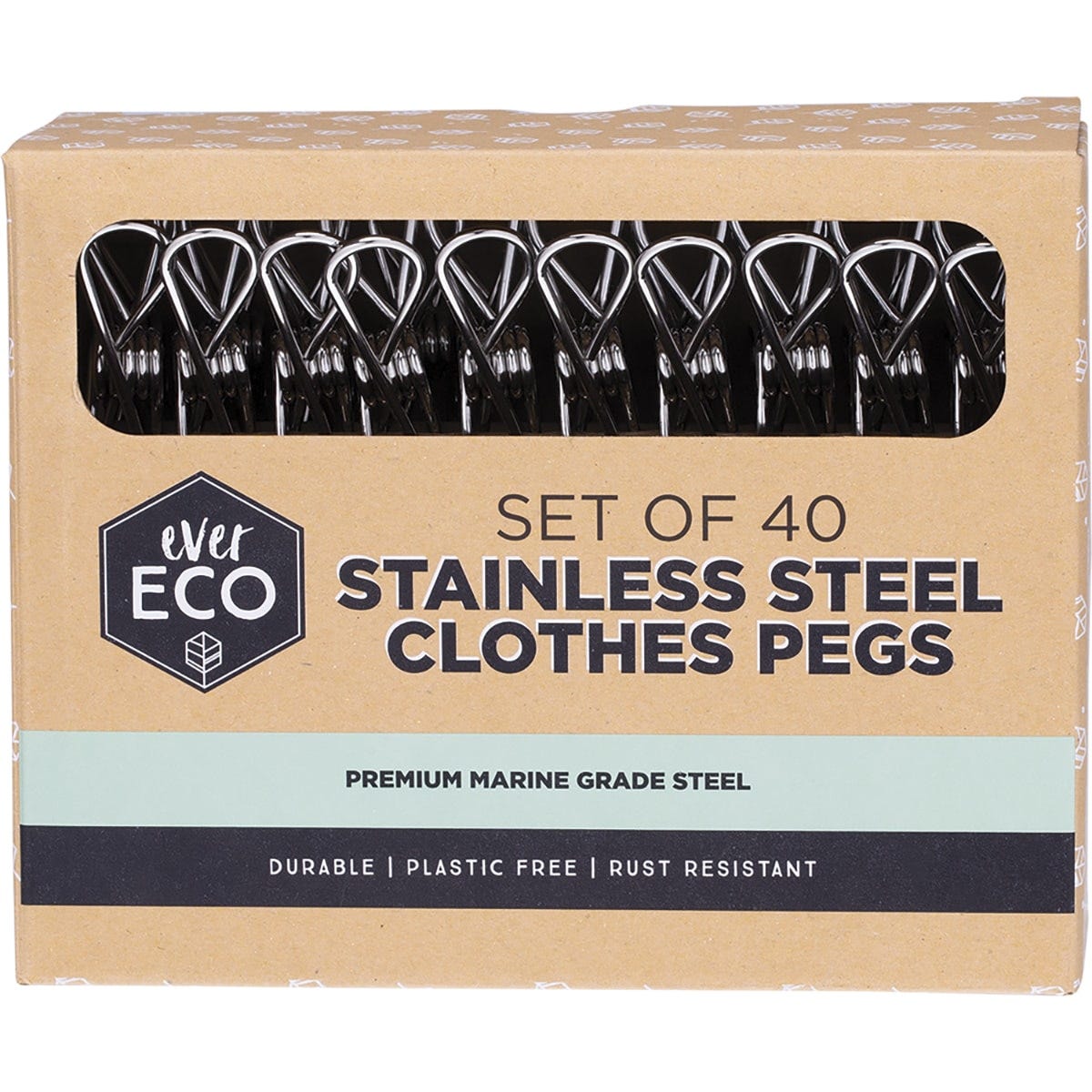 Ever Eco 40-pack of marine grade stainless steel clothes pegs in a natural linen drawstring storage bag.