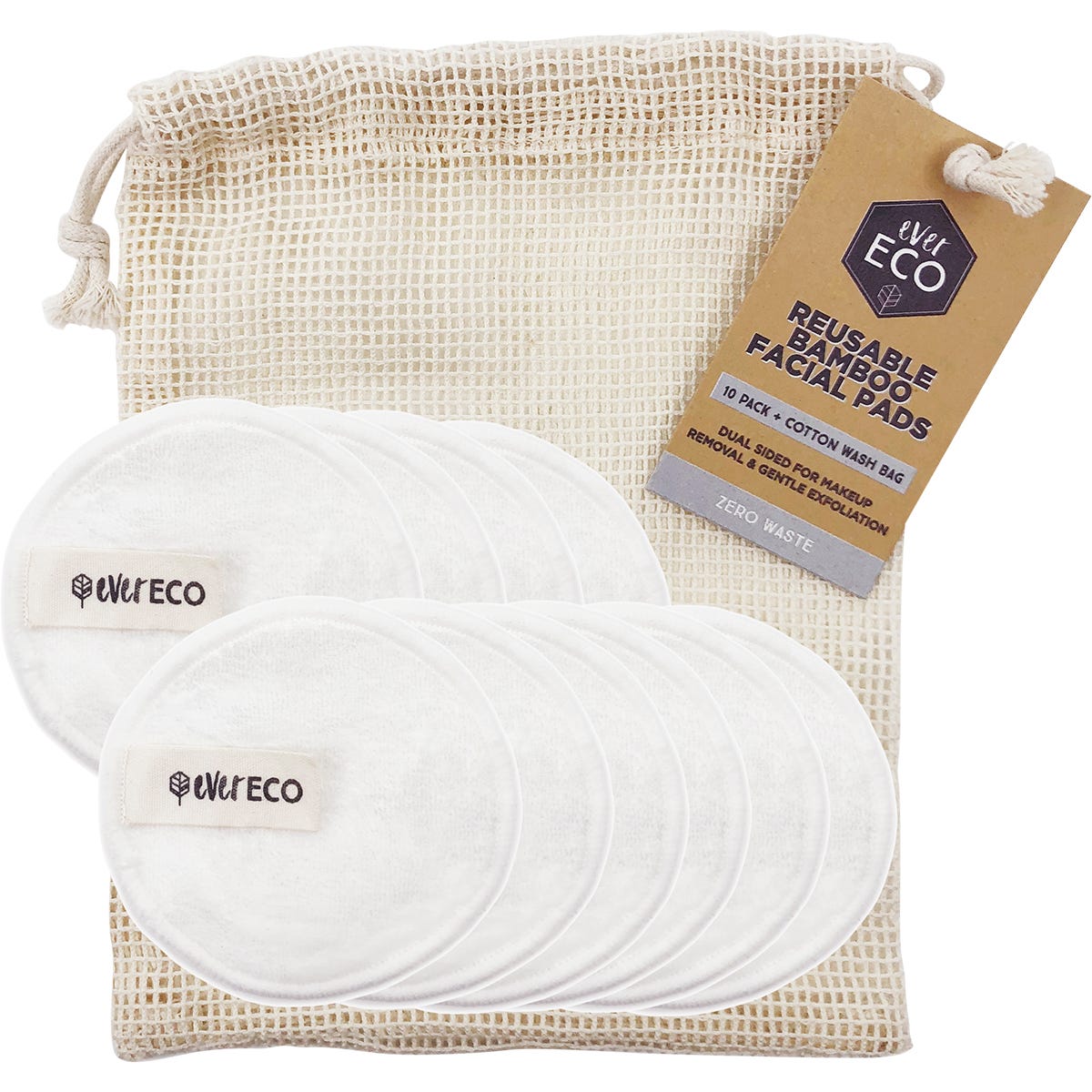 10 pack of white Ever Eco reusable bamboo facial pads and a drawstring cotton wash bag on a white background.