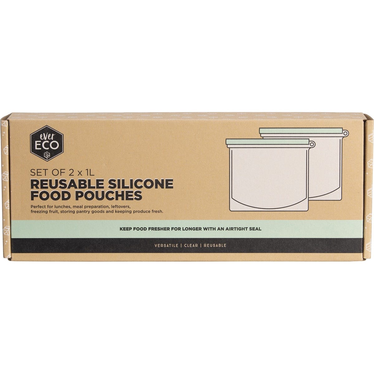 Two 1L reusable silicone food pouches with slider seals and volume markings on a white background.