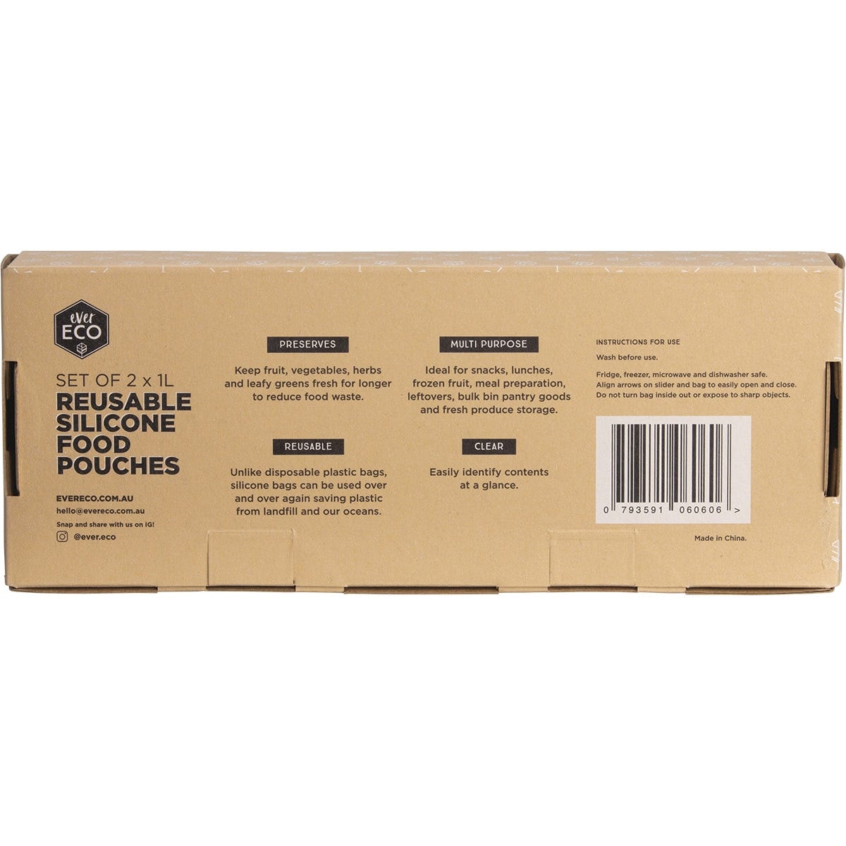 Back of Ever Eco Reusable Silicone Food Pouches packaging with features, instructions, and company information.