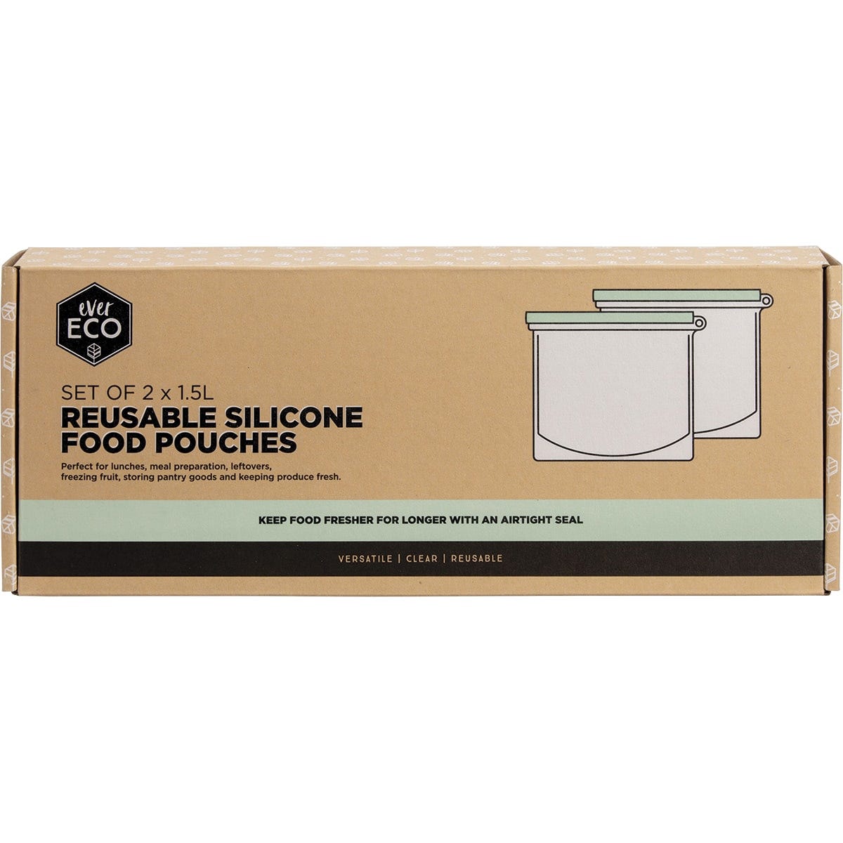 Two clear 1.5L Ever Eco reusable silicone food pouches with grey sliding seals and volume measurements.