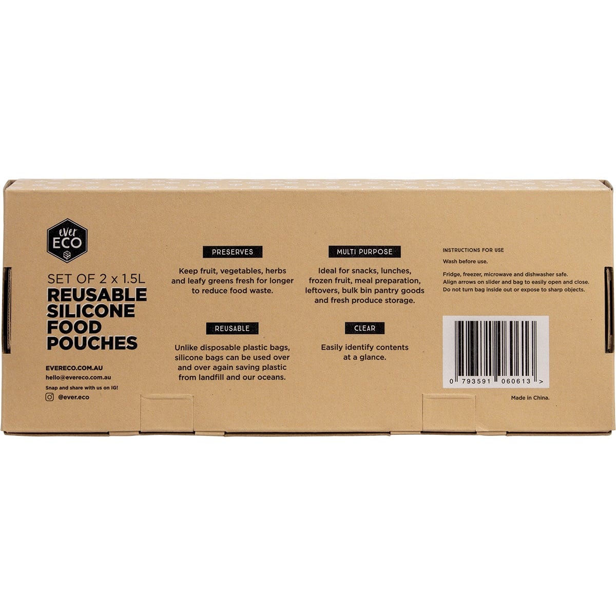 Back of packaging for Ever Eco Reusable Silicone Food Pouches showing usage instructions and product features.