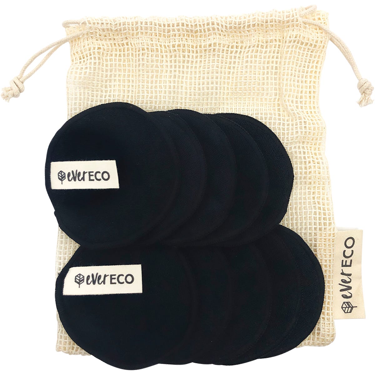 Ten black reusable bamboo makeup removal pads stacked next to a white mesh cotton wash bag with a drawstring.