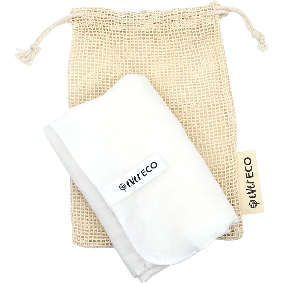 Two white muslin facial cloths and a small mesh cotton wash bag with a drawstring and Ever Eco tag.