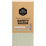 Matte black Ever Eco safety razor with 10 replacement blades in plastic-free cardboard packaging.