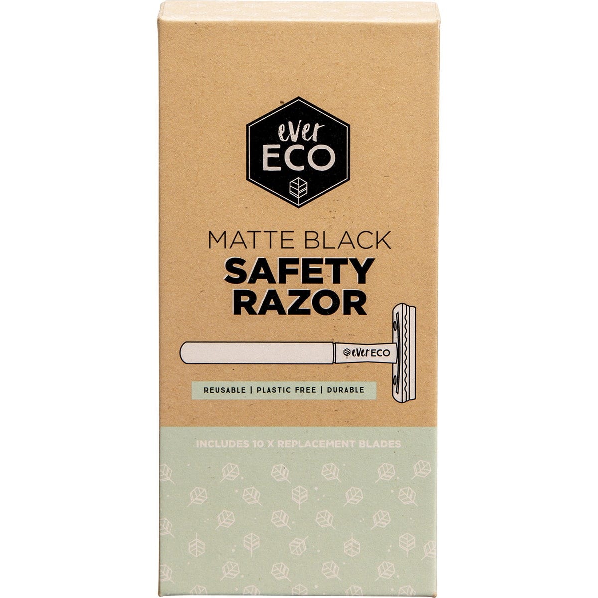 Matte black Ever Eco safety razor with 10 replacement blades in plastic-free cardboard packaging.