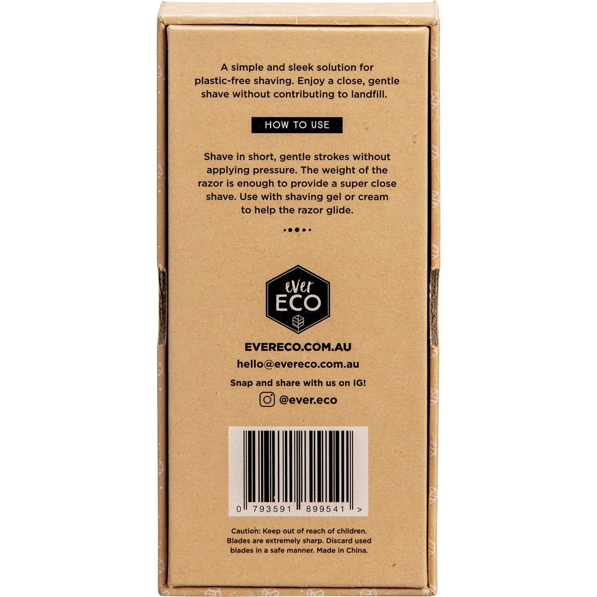 Back of Ever Eco Safety Razor Matte Black packaging with product features and usage instructions.
